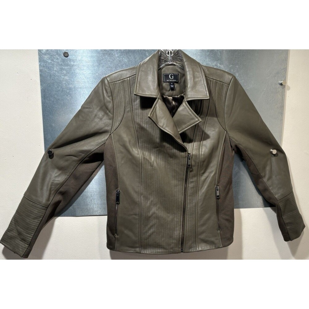 Motorcycle Jacket Leather Asymmetrical Zip G by Giuliana Olive Ribbed XS NWOT